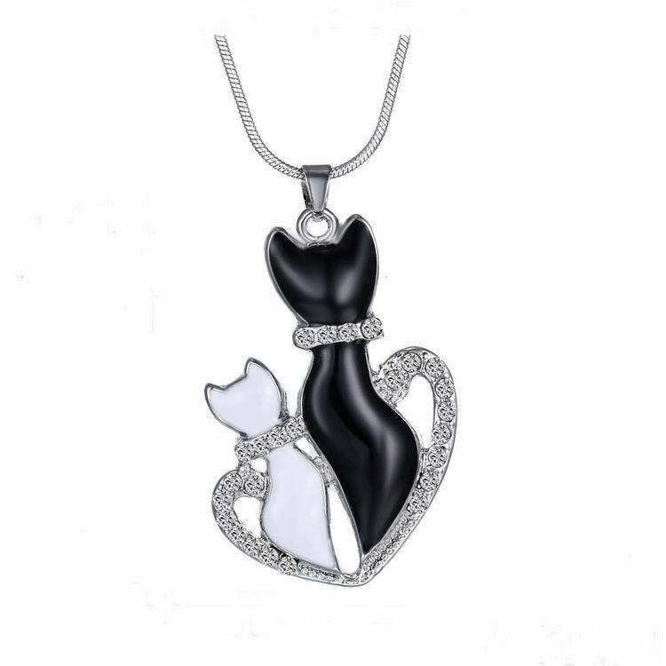 Crystal Rhinestone Black and White Cat and Paw Pendant Necklaces - Just Cats - Gifts for Cat Lovers