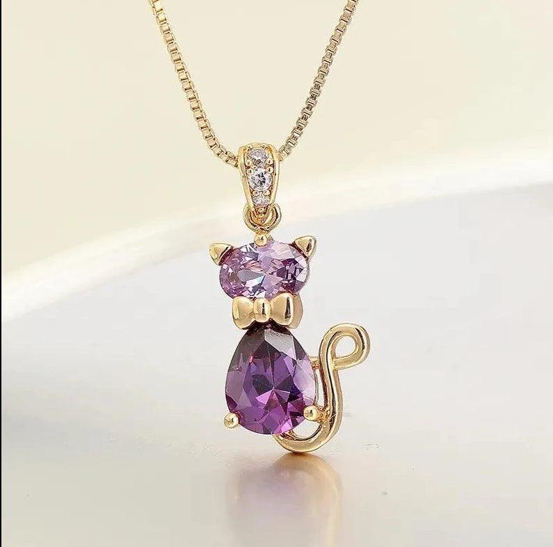 Cubic Zirconia Cat Pendant Necklace, 6 Colors - Just Cats - Gifts for Cat Lovers