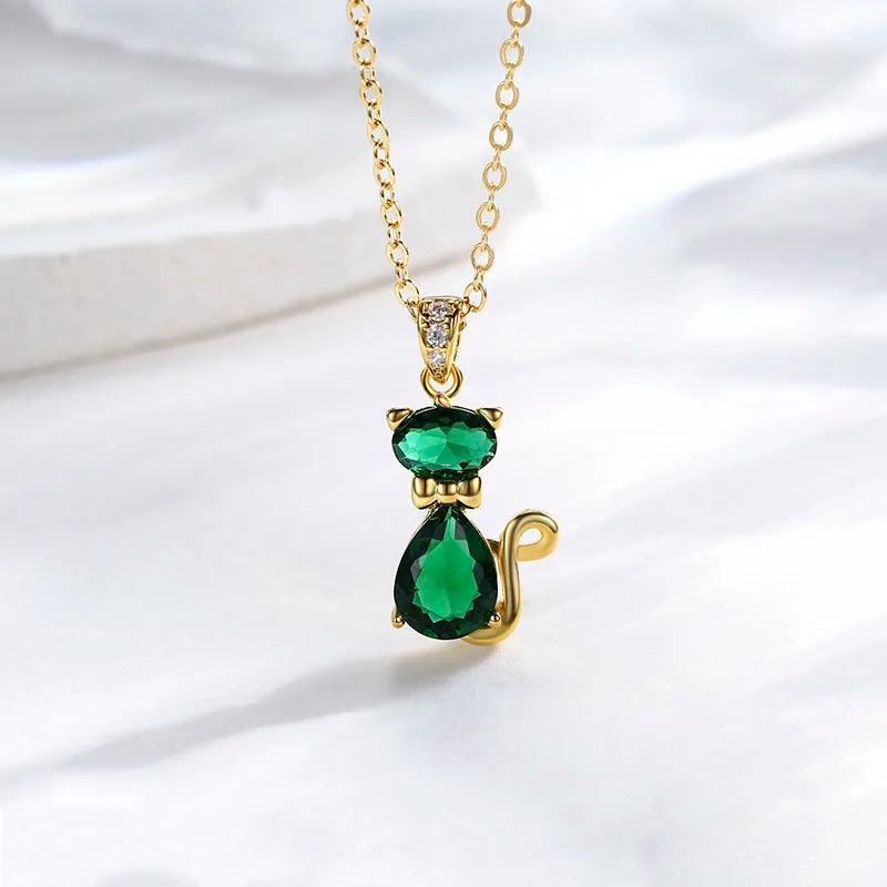 Cubic Zirconia Cat Pendant Necklace, 6 Colors - Just Cats - Gifts for Cat Lovers