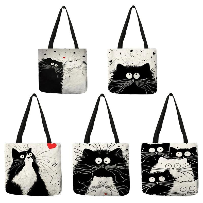 Customized Tote Shopping Bag Cute Cat Printing Women Handbag Linen Totes with Print Logo Casual Traveling Beach Bags - Just Cats - Gifts for Cat Lovers