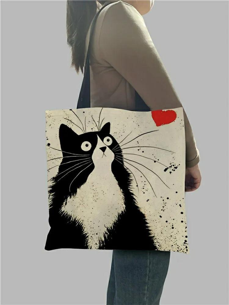 Customized Tote Shopping Bag Cute Cat Printing Women Handbag Linen Totes with Print Logo Casual Traveling Beach Bags - Just Cats - Gifts for Cat Lovers