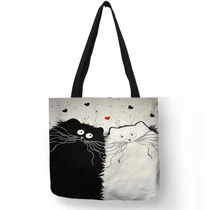 Customized Tote Shopping Bag Cute Cat Printing Women Handbag Linen Totes with Print Logo Casual Traveling Beach Bags - Just Cats - Gifts for Cat Lovers