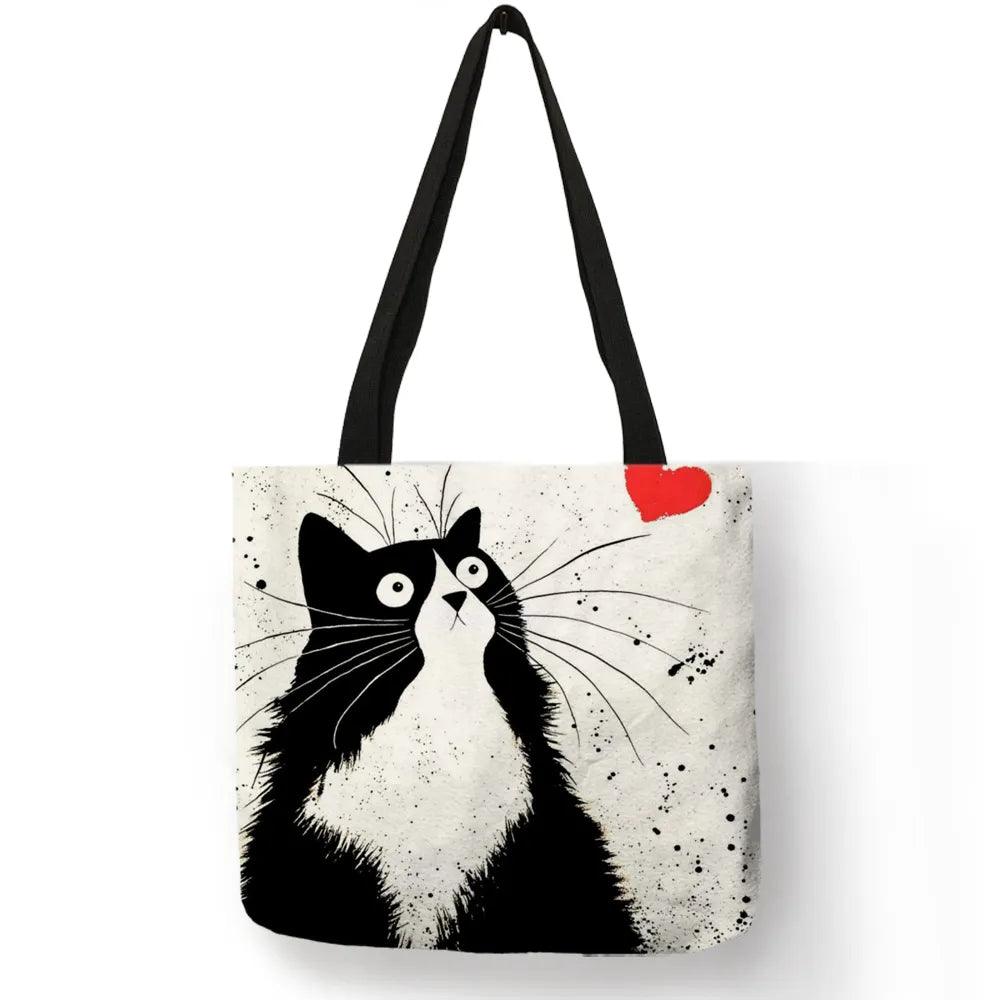 Customized Tote Shopping Bag Cute Cat Printing Women Handbag Linen Totes with Print Logo Casual Traveling Beach Bags - Just Cats - Gifts for Cat Lovers