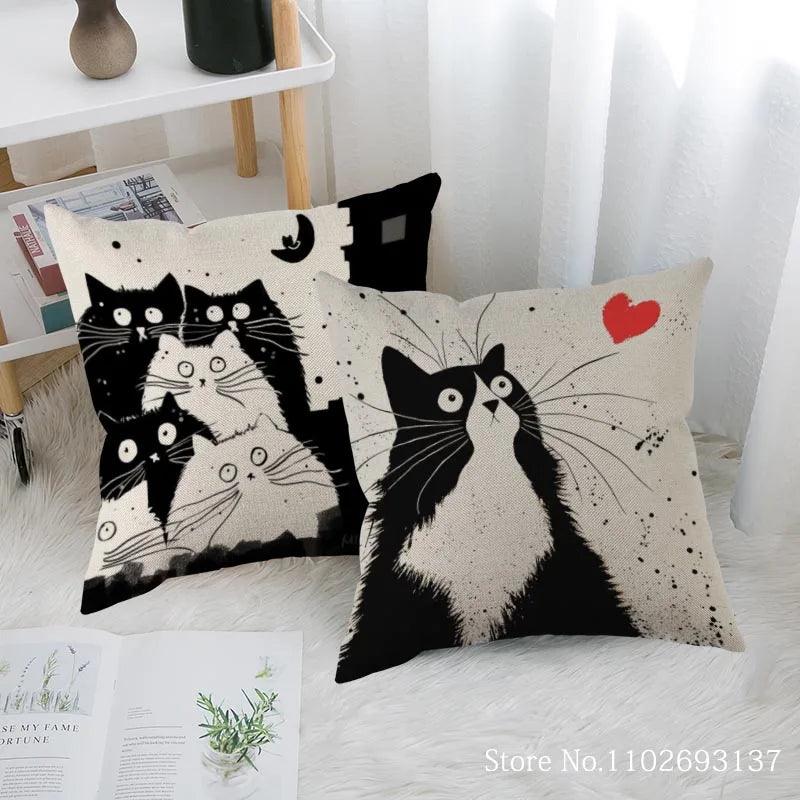 Cute Black And White Cat Printing Pillowcase Cotton Linen Fabric Square Zipper Pillowcase Wedding Decorative Pillow Cover - Just Cats - Gifts for Cat Lovers