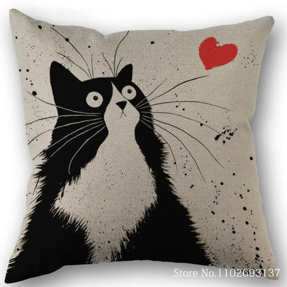 Cute Black And White Cat Printing Pillowcase Cotton Linen Fabric Square Zipper Pillowcase Wedding Decorative Pillow Cover - Just Cats - Gifts for Cat Lovers