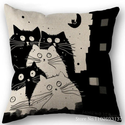 Cute Black And White Cat Printing Pillowcase Cotton Linen Fabric Square Zipper Pillowcase Wedding Decorative Pillow Cover - Just Cats - Gifts for Cat Lovers