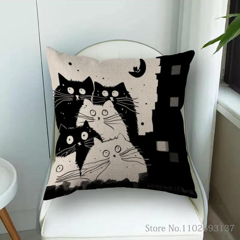 Cute Black And White Cat Printing Pillowcase Cotton Linen Fabric Square Zipper Pillowcase Wedding Decorative Pillow Cover - Just Cats - Gifts for Cat Lovers