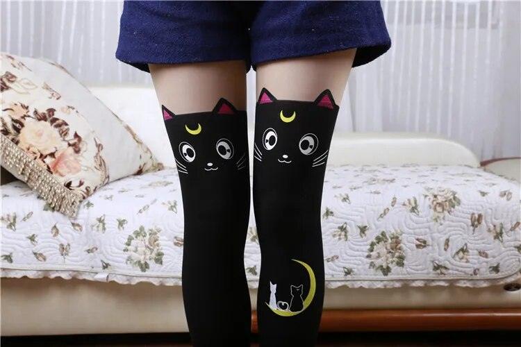 Cute Cat and Moon Pantyhose, Black/White - Just Cats - Gifts for Cat Lovers