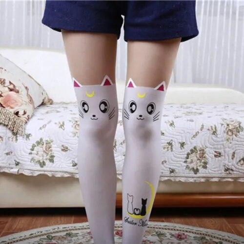 Cute Cat and Moon Pantyhose, Black/White - Just Cats - Gifts for Cat Lovers