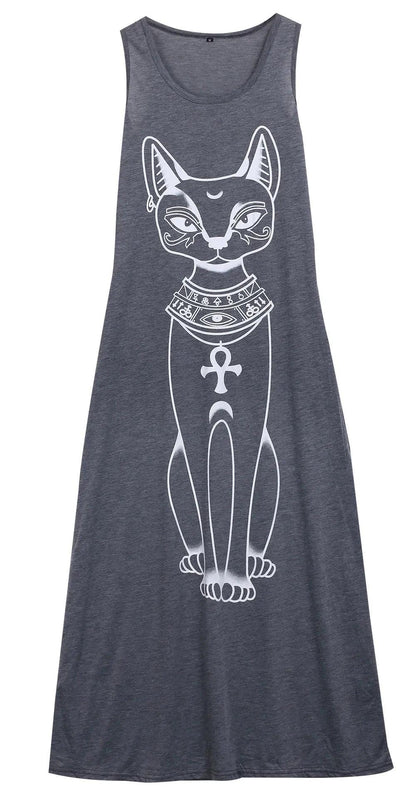 Egyptian Cat Print Dress, Black/Grey/Red, S-XL - Just Cats - Gifts for Cat Lovers