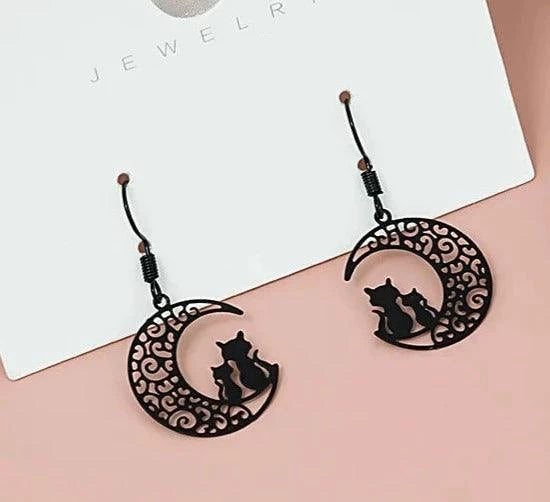 Elegant Cat and Moon Drop Earrings, Black - Just Cats - Gifts for Cat Lovers