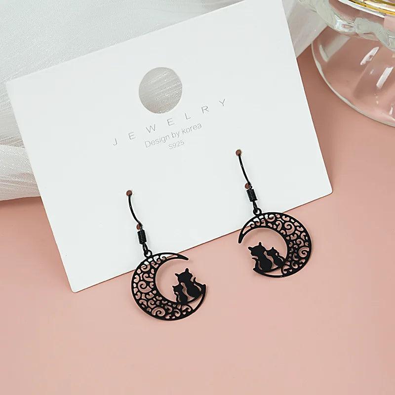 Elegant Cat and Moon Drop Earrings, Black - Just Cats - Gifts for Cat Lovers