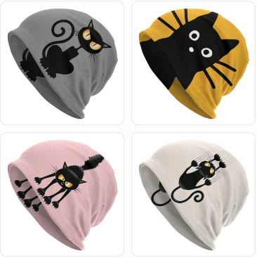 Funny Cartoon Black Cat Skullies Beanies Caps, Various Desings and Colors - Just Cats - Gifts for Cat Lovers