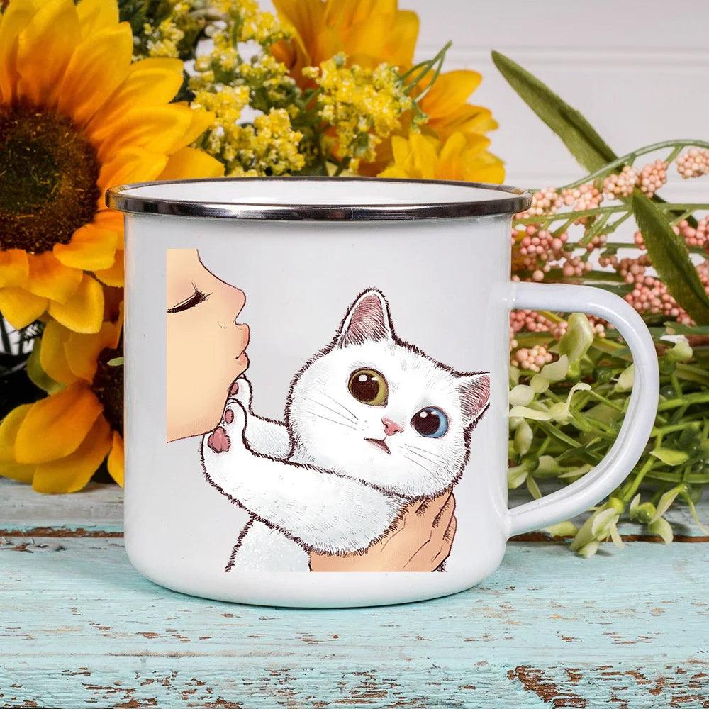 Funny Cartoon Cat Print Enamel Mugs, 2 Designs, 17 variations - Just Cats - Gifts for Cat Lovers