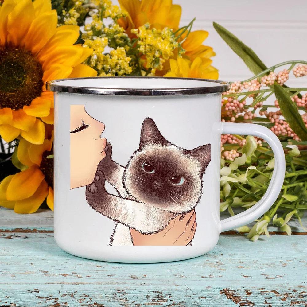 Funny Cartoon Cat Print Enamel Mugs, 2 Designs, 17 variations - Just Cats - Gifts for Cat Lovers