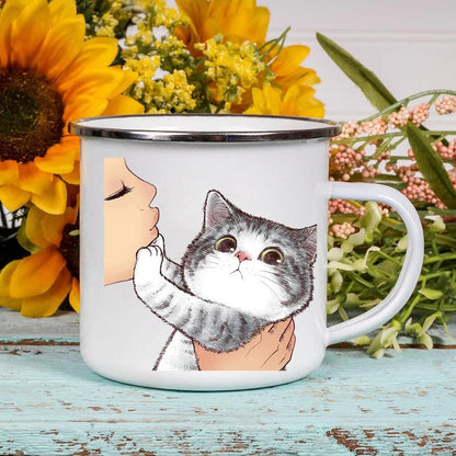 Funny Cartoon Cat Print Enamel Mugs, 2 Designs, 17 variations - Just Cats - Gifts for Cat Lovers