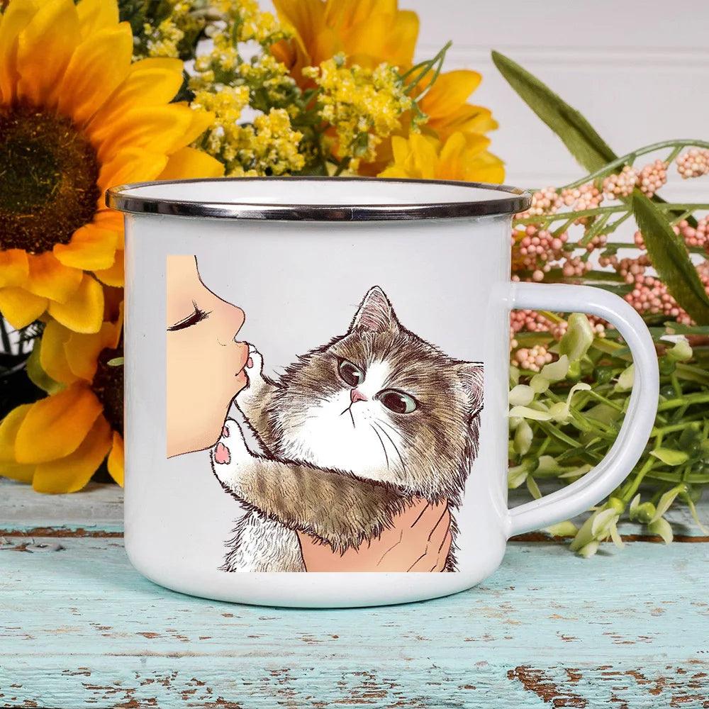 Funny Cartoon Cat Print Enamel Mugs, 2 Designs, 17 variations - Just Cats - Gifts for Cat Lovers