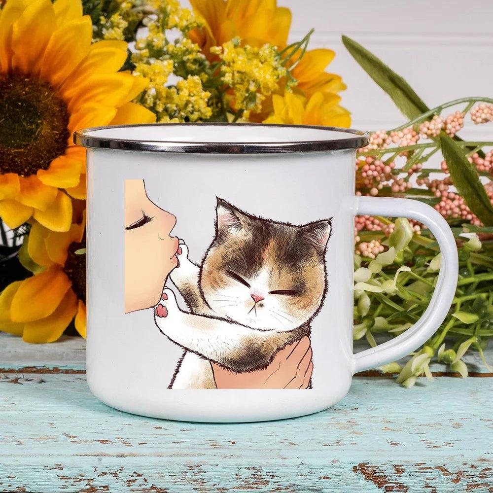 Funny Cartoon Cat Print Enamel Mugs, 2 Designs, 17 variations - Just Cats - Gifts for Cat Lovers