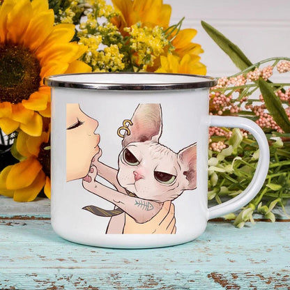 Funny Cartoon Cat Print Enamel Mugs, 2 Designs, 17 variations - Just Cats - Gifts for Cat Lovers