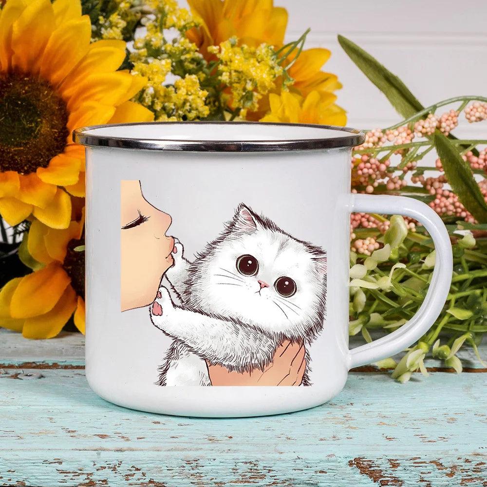 Funny Cartoon Cat Print Enamel Mugs, 2 Designs, 17 variations - Just Cats - Gifts for Cat Lovers