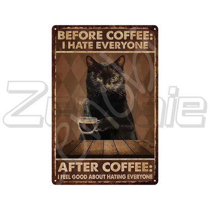 Funny Retro Style Black Cat with Coffe Metal Sign Pictures, 6 Designs - Just Cats - Gifts for Cat Lovers