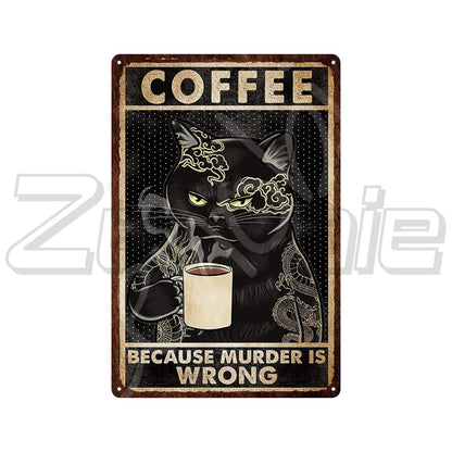 Funny Retro Style Black Cat with Coffe Metal Sign Pictures, 6 Designs - Just Cats - Gifts for Cat Lovers