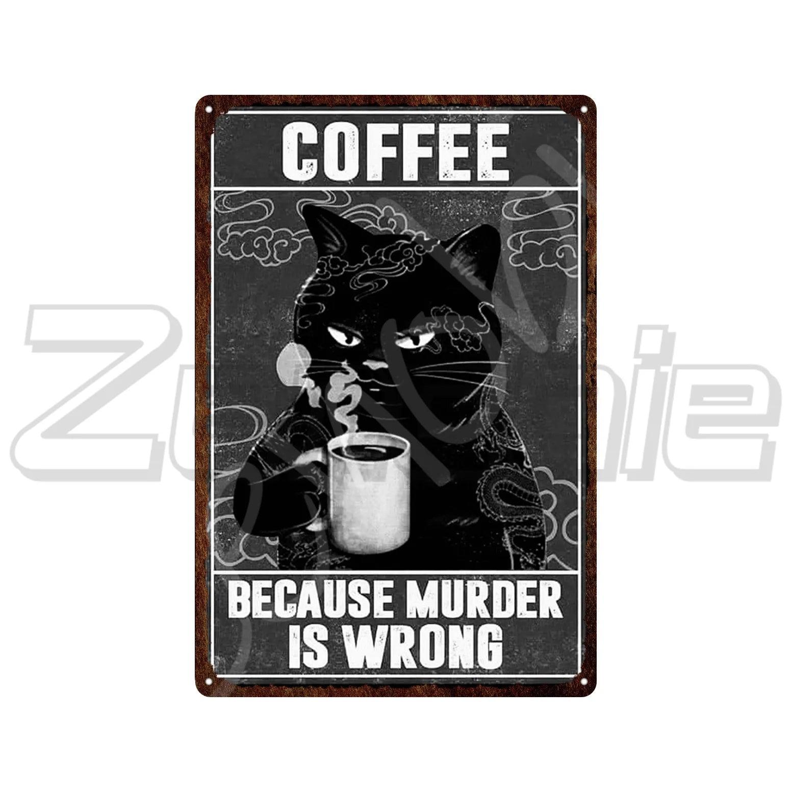 Funny Retro Style Black Cat with Coffe Metal Sign Pictures, 6 Designs - Just Cats - Gifts for Cat Lovers