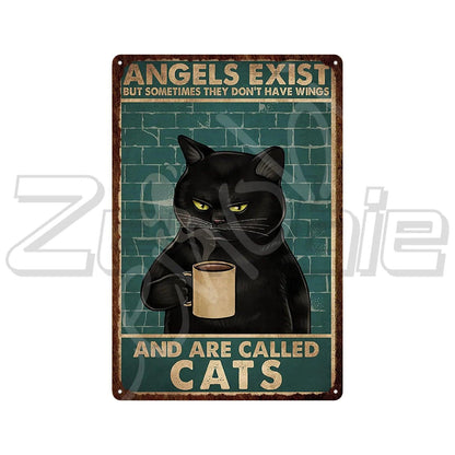 Funny Retro Style Black Cat with Coffe Metal Sign Pictures, 6 Designs - Just Cats - Gifts for Cat Lovers