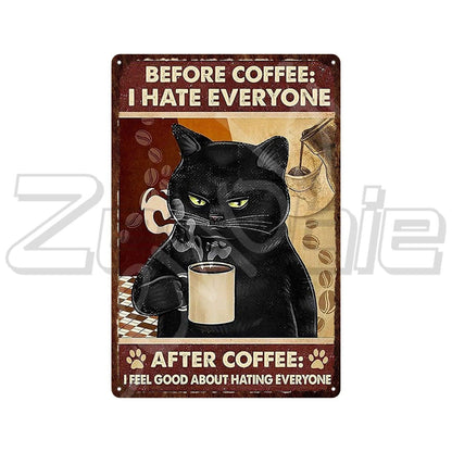 Funny Retro Style Black Cat with Coffe Metal Sign Pictures, 6 Designs - Just Cats - Gifts for Cat Lovers