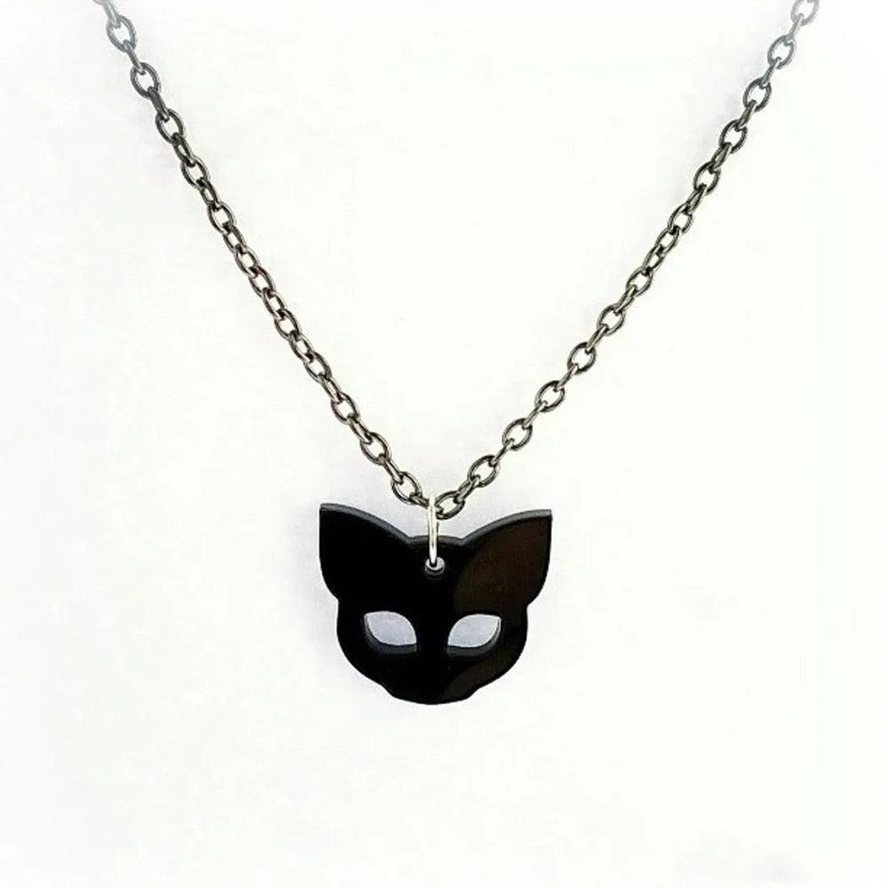 Gothic Black Cat Charm Necklace, Black Velvet Cat Head Pendant Choker - Just Cats - Gifts for Cat Lovers