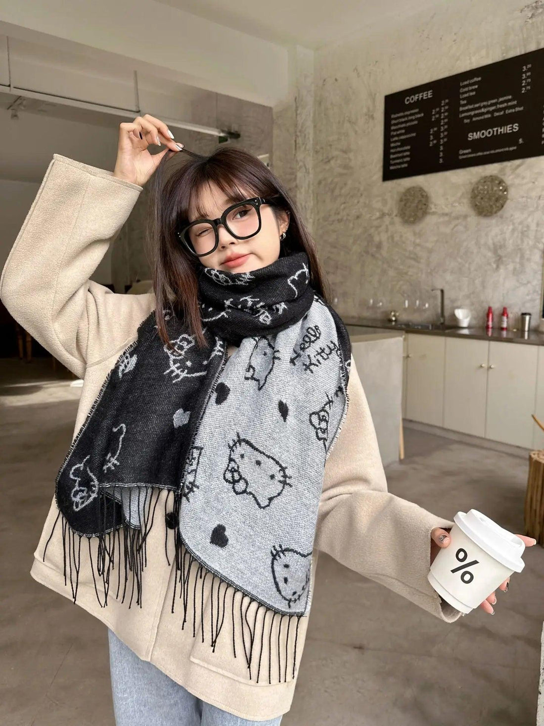 Hello Kitty Double-Sided Black Push Shawl Scarf - Just Cats - Gifts for Cat Lovers