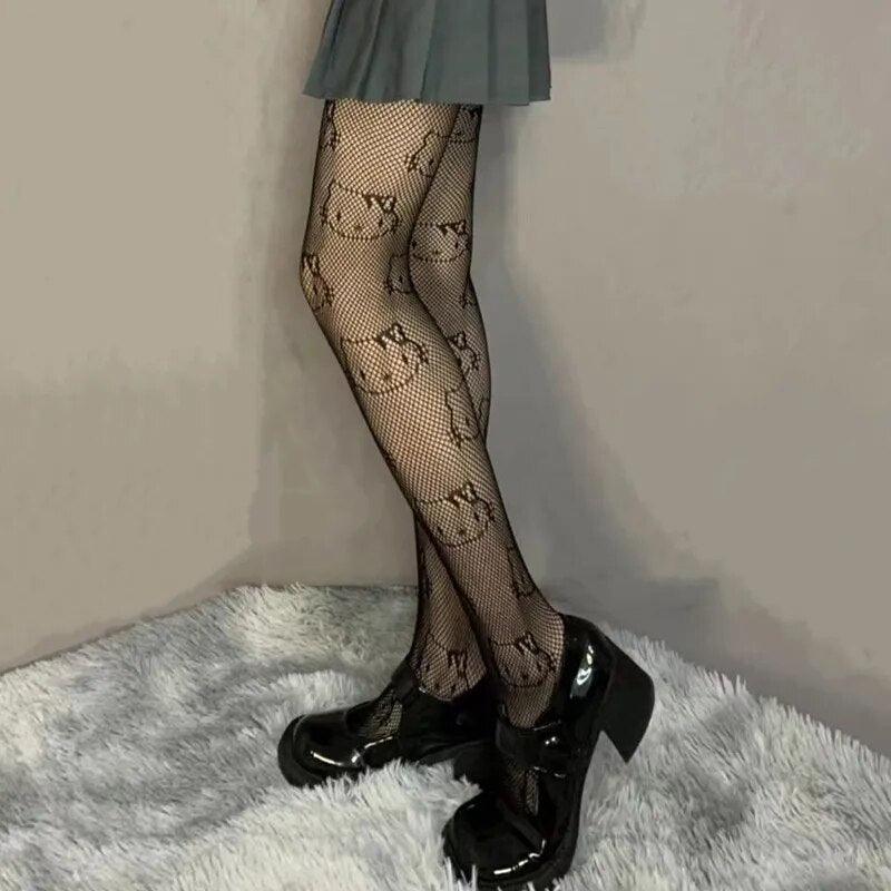 Hello Kitty Fishnet Pantyhose, Black/White - Just Cats - Gifts for Cat Lovers