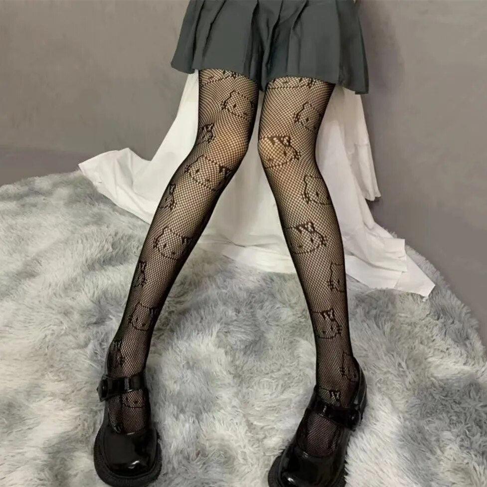 Hello Kitty Fishnet Pantyhose, Black/White - Just Cats - Gifts for Cat Lovers