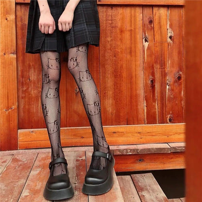 Hello Kitty Fishnet Pantyhose, Black/White - Just Cats - Gifts for Cat Lovers