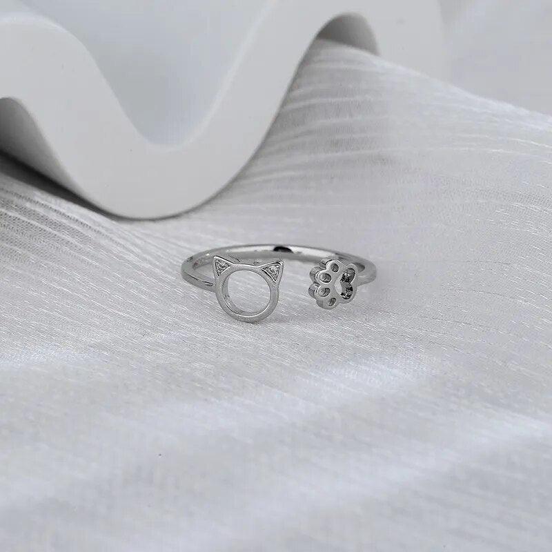 Hollow Cat Head and Paw Zircon Ring, Silver, Adjustable - Just Cats - Gifts for Cat Lovers