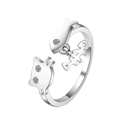 Hollow Cat Head and Paw Zircon Ring, Silver, Adjustable - Just Cats - Gifts for Cat Lovers