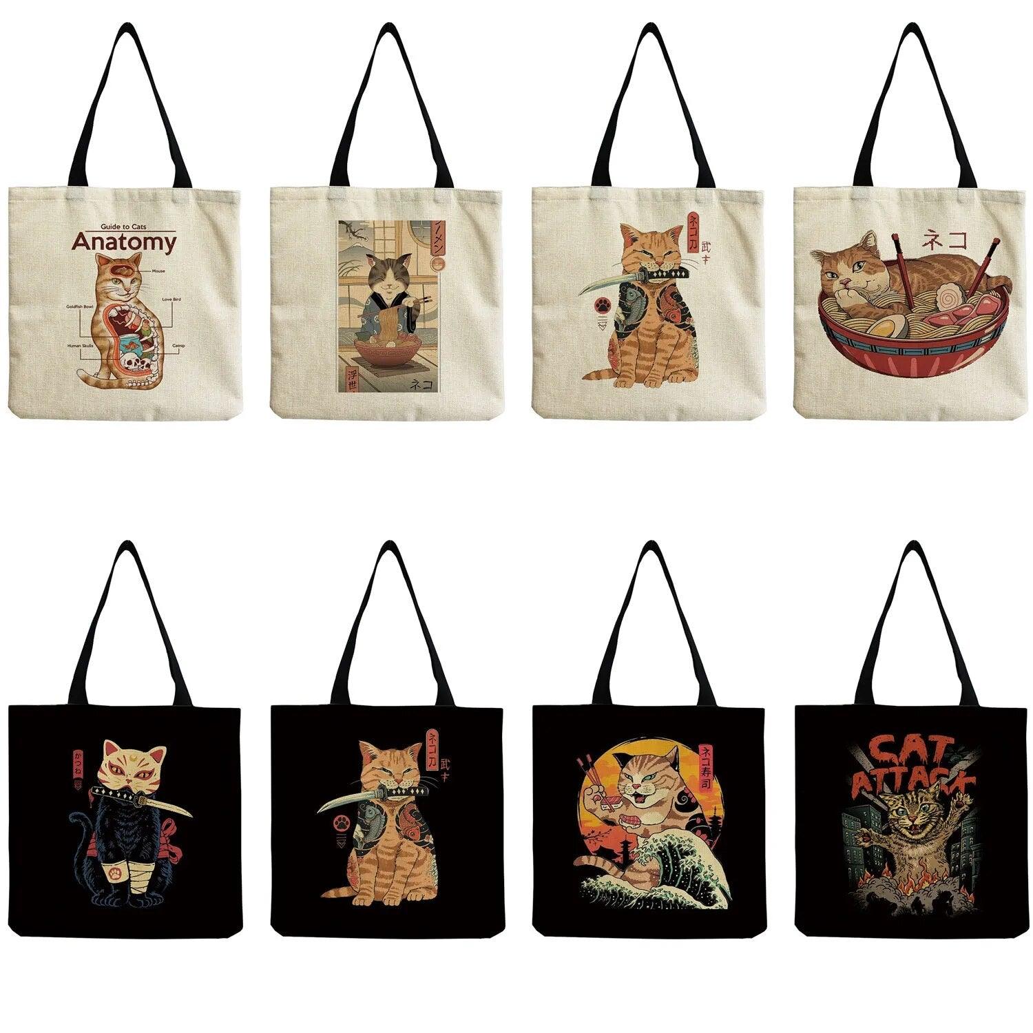 Japanese Style Cat Printed Tote Bag/Shopping Bag, Black/White, 18 designs - Just Cats - Gifts for Cat Lovers