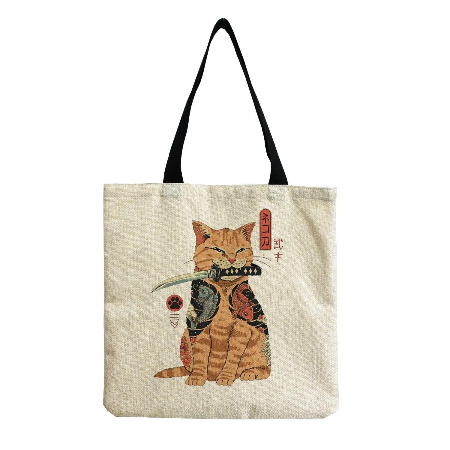 Japanese Style Cat Printed Tote Bag/Shopping Bag, Black/White, 18 designs - Just Cats - Gifts for Cat Lovers