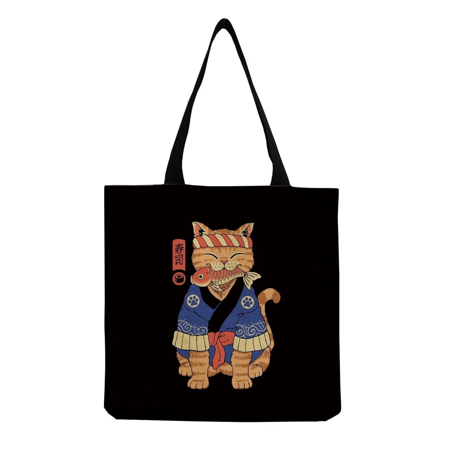 Japanese Style Cat Printed Tote Bag/Shopping Bag, Black/White, 18 designs - Just Cats - Gifts for Cat Lovers