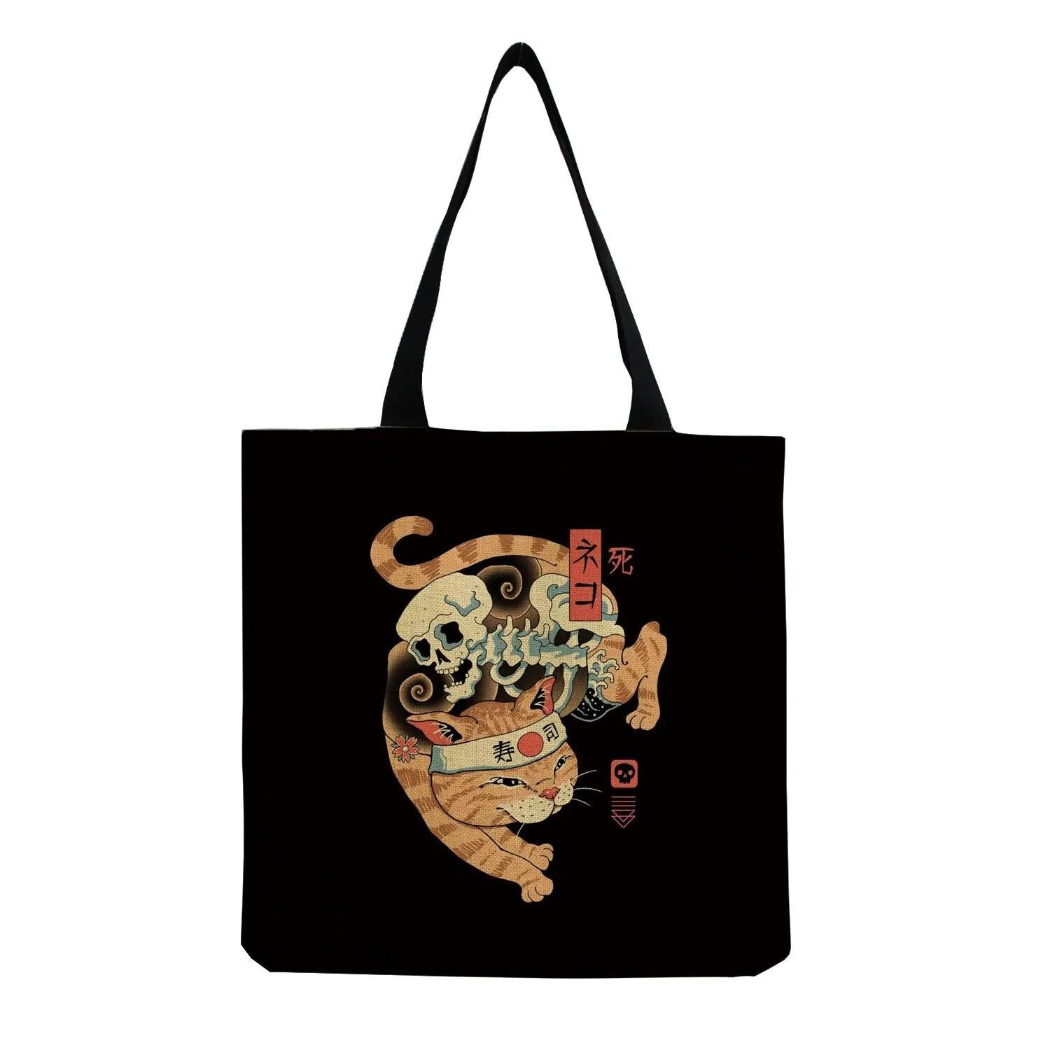 Japanese Style Cat Printed Tote Bag/Shopping Bag, Black/White, 18 designs - Just Cats - Gifts for Cat Lovers