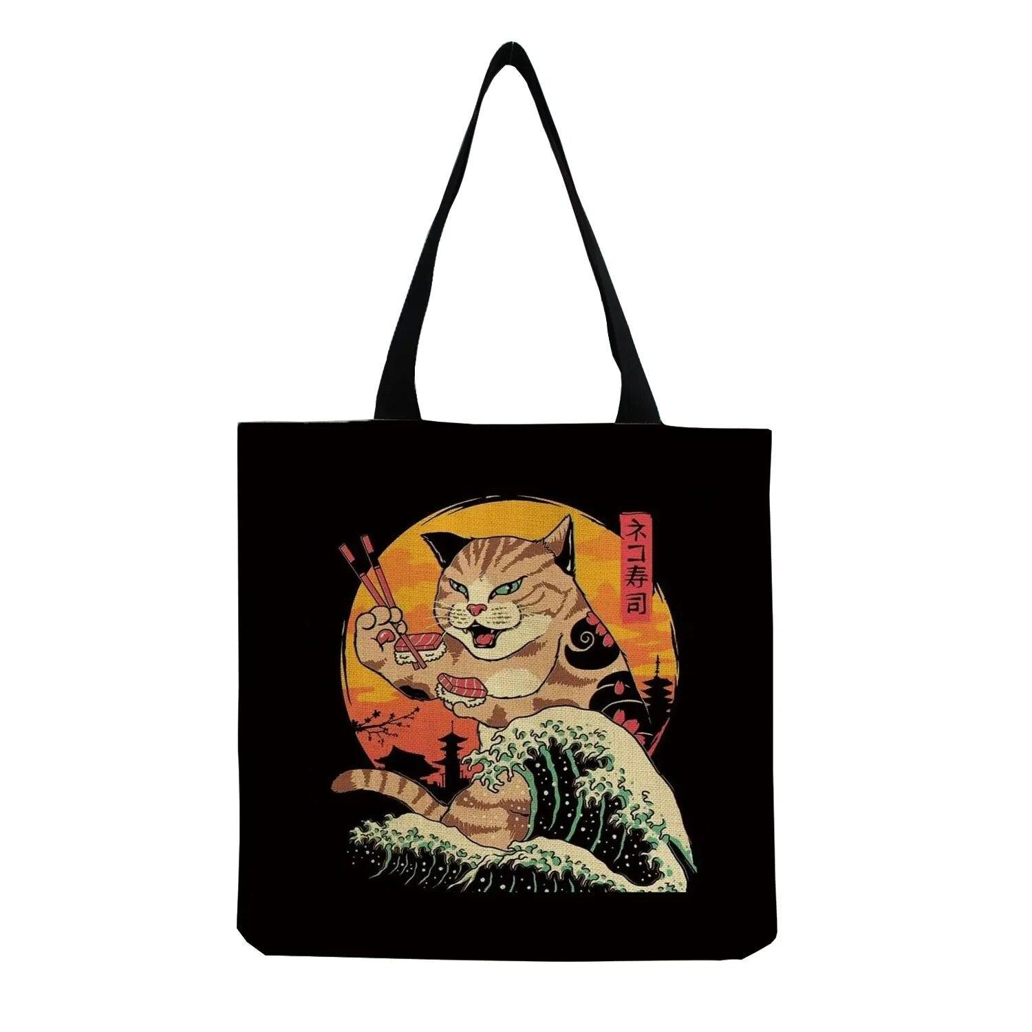 Japanese Style Cat Printed Tote Bag/Shopping Bag, Black/White, 18 designs - Just Cats - Gifts for Cat Lovers