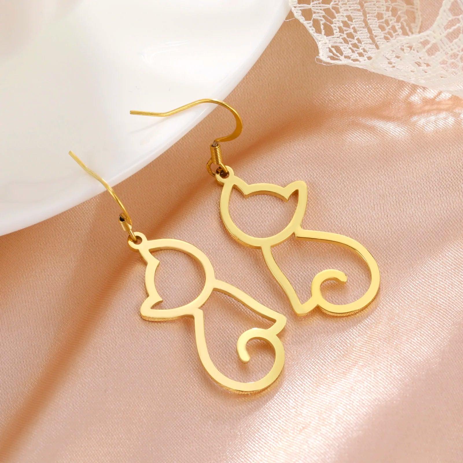 Minimalist Cat Stainless Steel drop Earrings, Silver/Gold - Just Cats - Gifts for Cat Lovers