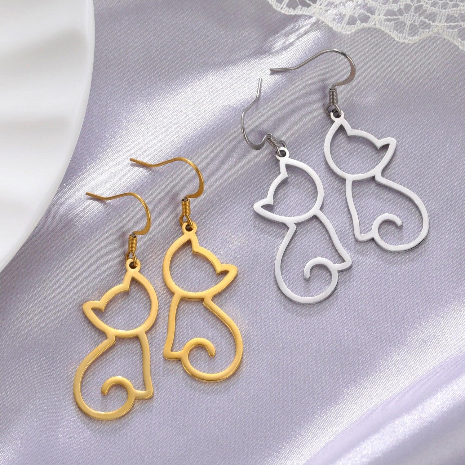 Minimalist Cat Stainless Steel drop Earrings, Silver/Gold - Just Cats - Gifts for Cat Lovers