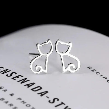 Minimalistic Cat 925 Sterling Silver Stud Earrings - Just Cats - Gifts for Cat Lovers