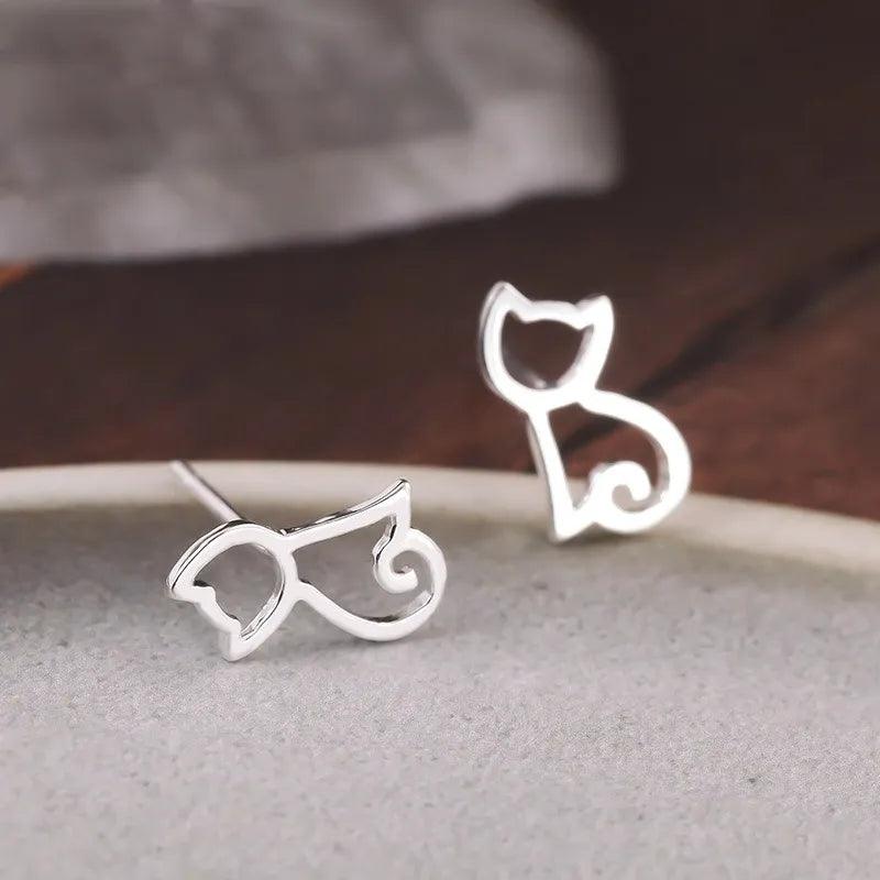 Minimalistic Cat 925 Sterling Silver Stud Earrings - Just Cats - Gifts for Cat Lovers