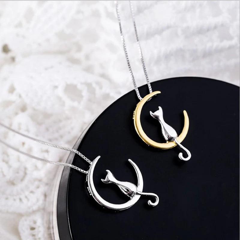 Moon Cat Necklace, Silver/Gold Color - Just Cats - Gifts for Cat Lovers