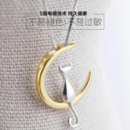 Moon Cat Necklace, Silver/Gold Color - Just Cats - Gifts for Cat Lovers