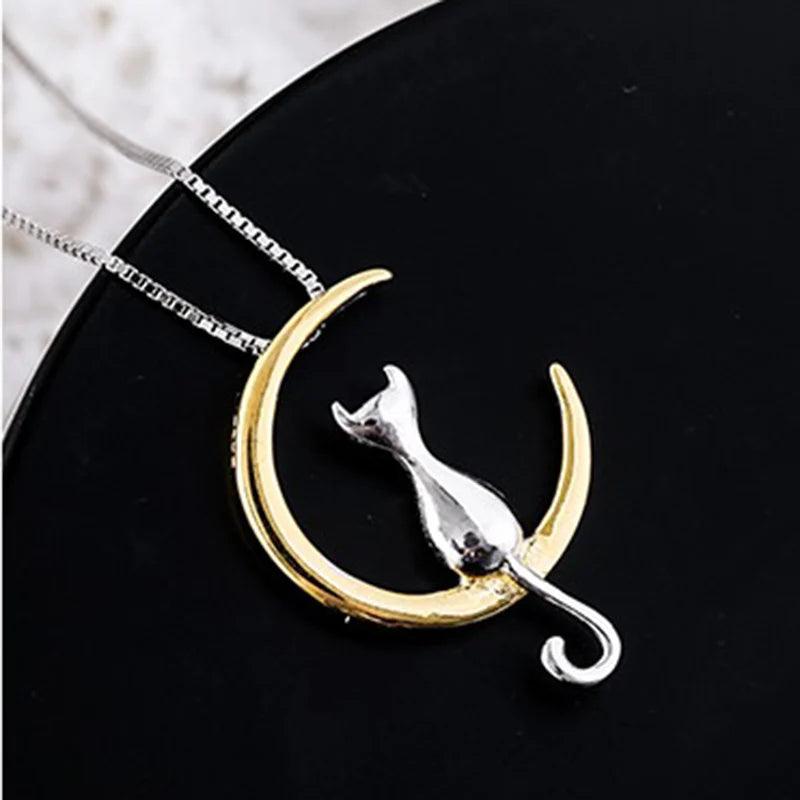 Moon Cat Necklace, Silver/Gold Color - Just Cats - Gifts for Cat Lovers