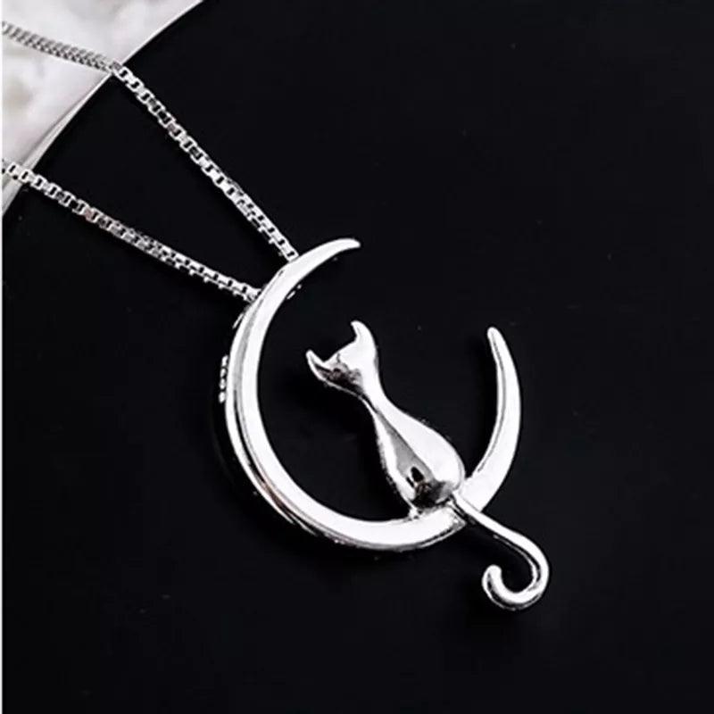 Moon Cat Necklace, Silver/Gold Color - Just Cats - Gifts for Cat Lovers