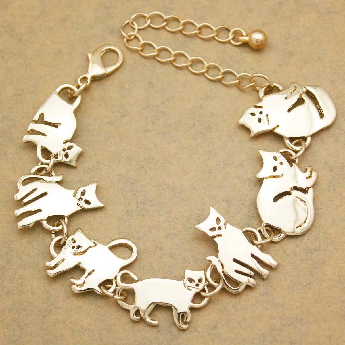 Multiple Cats Charm Bracelet, Black/Silver/Gold - Just Cats - Gifts for Cat Lovers